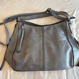 Large gray leather hobo bag with wallet